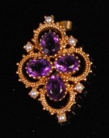 Lot 907 - A 9ct gold amethyst and seed pearl set...