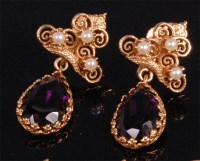 Lot 948 - A pair of yellow metal amethyst and seed pearl...