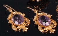 Lot 921 - A pair of 9ct gold amethyst ear pendants, each...
