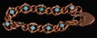 Lot 957 - A 9ct gold curblink turquoise and seed pearl...