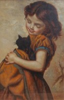 Lot 1187 - S Carmen - Girl with kitten, oil on canvas,...