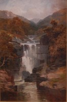 Lot 1211 - A Motley - A mountain waterfall, oil on canvas,...