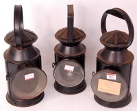 Lot 166 - 3 tinplate aspect hand lamps one marked 'E A R'...