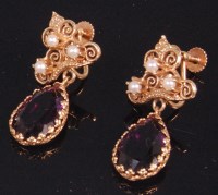 Lot 538 - A pair of yellow metal amethyst and seed pearl...
