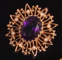 Lot 568 - A 14ct gold amethyst and seed pearl set...