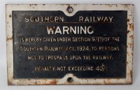 Lot 50 - A Southern Railway cast iron warning sign...