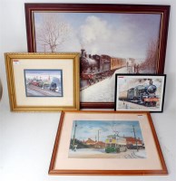 Lot 23 - Three railway prints, and a tram print, all...