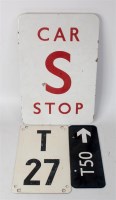 Lot 3 - Various signs, enamel car S stop red on white,...