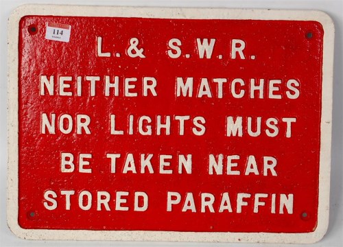 Lot 114 - Small cast iron warning sign, white on red for...