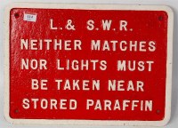 Lot 114 - Small cast iron warning sign, white on red for...