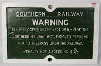Lot 111 - Southern Region cast iron trespassing sign,...