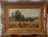 Lot 875 - P Caffyn - Extensive harvest scene, oil on...