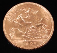 Lot 132 - Great Britain, 1908, gold half sovereign,...
