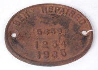 Lot 91 - Cast iron wagon repair plate, from 1985,...