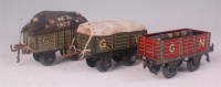 Lot 418 - 3 Bing open wagons, grey GN 1922 with sack...