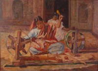 Lot 738 - W Hiller - The Indian seamstress, oil on...