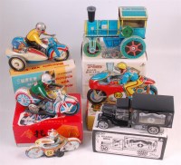 Lot 3179 - 6 assorted tinplate motorcycle sidecar, steam...
