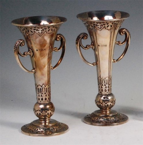 Lot 77 - A pair of late Arts & Crafts silver trumpet...