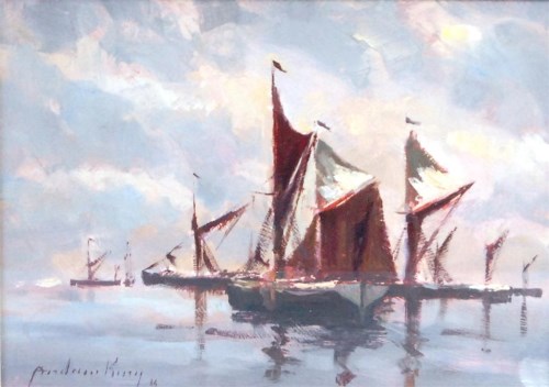 Lot 31 - Andrew King (b.1956) - Barges drying sails on...