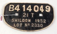 Lot 80 - Wagon plate, cast iron B414049 21T, Shildon...