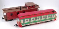 Lot 212 - G scale passenger car, box car and 2 cabooses,...