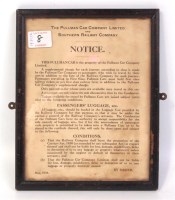 Lot 8 - Small Pullman Car Company framed notice dated...