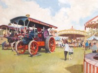 Lot 6 - Oil on board steam fair scene with figures...