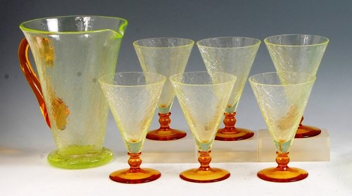 Lot 6 - A 1950s green and orange tinted glass lemonade...