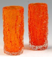 Lot 46 - A pair of Whitefriars orange glass bark vases,...