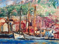 Lot 279 - Angela Thorne - Boats in a Continental harbour,...