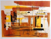 Lot 300 - John Piper - Rooftops with church beyond,...