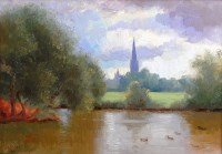 Lot 339 - Gerald Norden - Salisbury Cathedral, oil on...