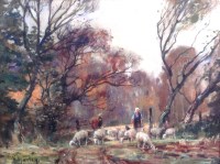 Lot 902 - Henry Morley (1869-1937) - Driving sheep, oil...