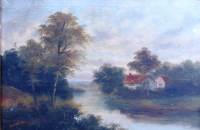 Lot 884 - G Bates - River landscape with cottages, oil...