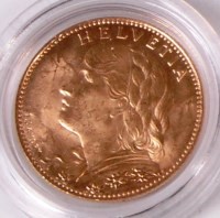 Lot 722 - A Swiss 10 Fr gold Vreneli 1922 Helvetia coin