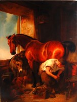 Lot 883 - After Landseer - Shoeing the horse, oil on...