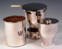 Lot 158 - A silver plated travelling picnic/campaign mug,...