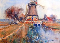 Lot 391 - C Jacquet - Dutch canal scene with windmill,...