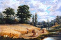 Lot 434 - H James - River landscape with lone harvester,...