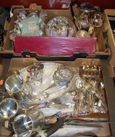 Lot 318 - **Two boxes** of assorted plated and metalware,...
