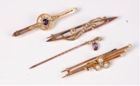 Lot 472 - Three bar brooches and a stick pin: a 15ct...