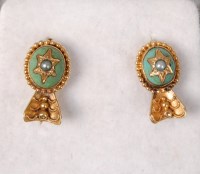 Lot 2598 - A pair of adapted turquoise and pearl earrings,...