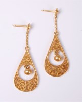 Lot 2629 - A pair of filigree earrings, the teardrop...