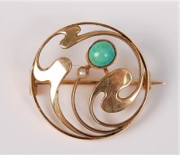 Lot 2649 - A 15ct turquoise and pearl brooch by Murle...
