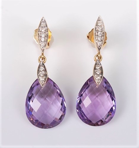Lot 2663 - A pair of amethyst and diamond earrings, the...