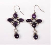 Lot 2692 - A pair of amethyst and pearl earrings, the...