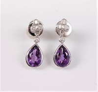 Lot 2694 - A pair of 18ct white gold amethyst and diamond...