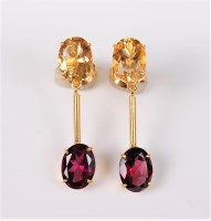Lot 2723 - A pair of golden citrine and garnet earrings,...