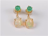 Lot 2724 - A pair of emerald and opal earrings, the oval...