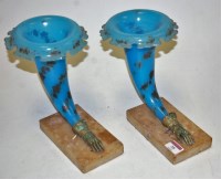 Lot 38 - A pair of Victorian blue glass cornucopia...